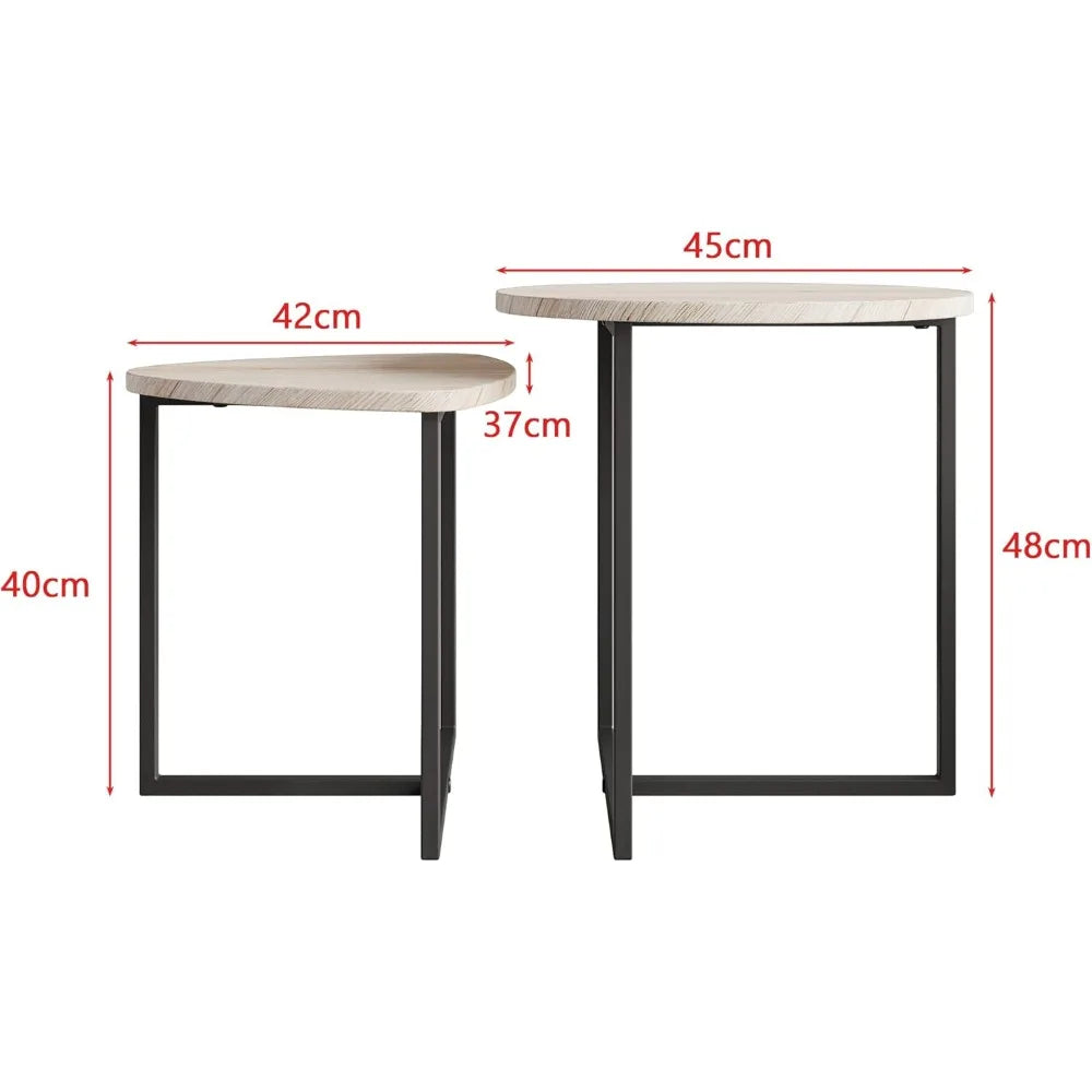 2 Piece Round Coffee Table Set, Side Table Set, Coffee Table, Metal Base and Heart Shape, Modern