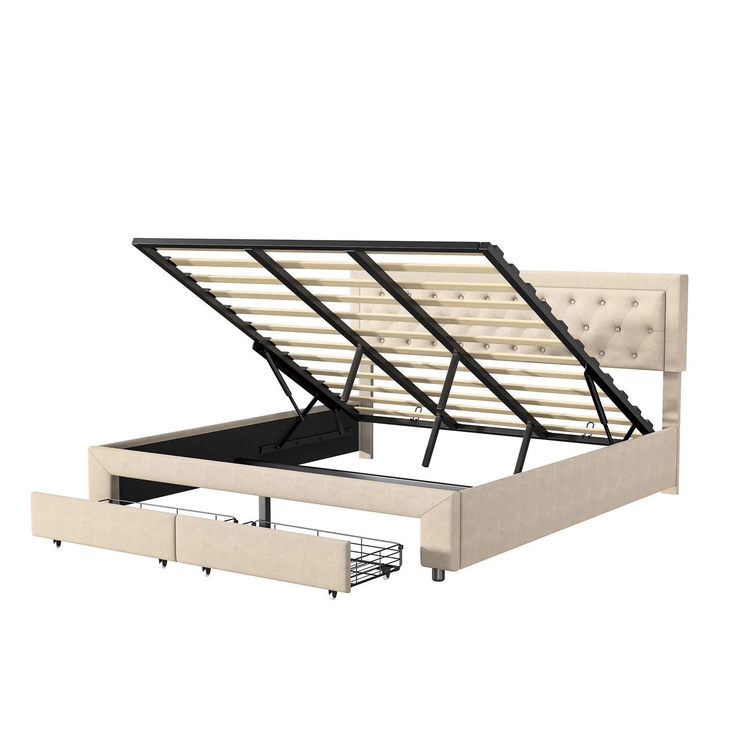 Comanlai Upholstered Bed 180x200cm,Double Bed with 2 Drawers,Bed with Storage Space,Hydraulic Storage Bed,Velvet Fabric,Beige