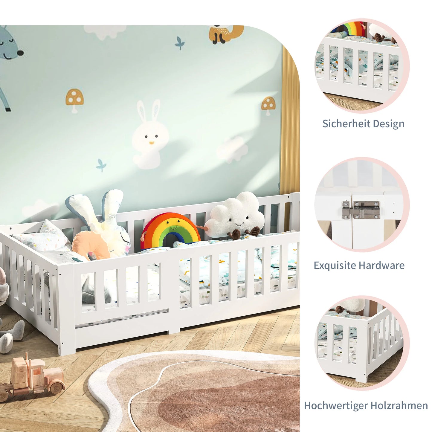 Lazyspace Children’s Bed with Fall Protection, Includes Slatted Frame, Floor Bed for Boys and Girls, Solid Pine Wood, White