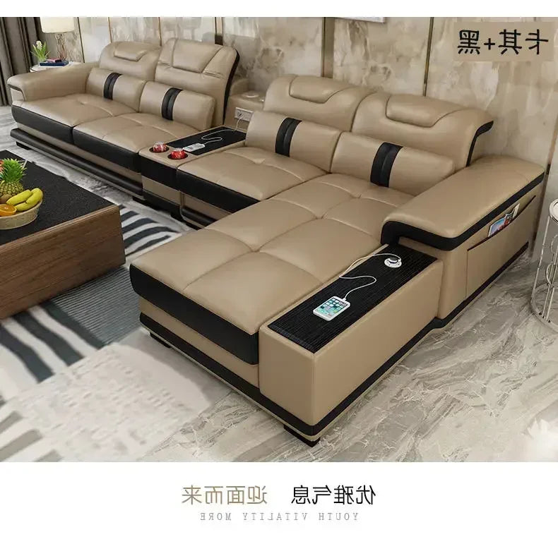 High-quality Durable Living Room Sofa Set Corner Sofa Speaker Real Genuine Cow Leather Sectional Sofas Bluetooth Headrest