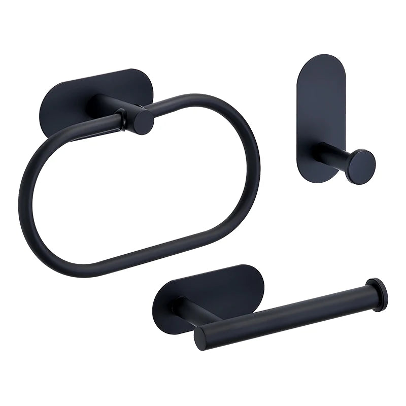 No Drilling Stainless Black Silver Towel Bar Self-adhesive Hook Paper Holder Towel Ring Brushed Gold Bathroom Accessories Set