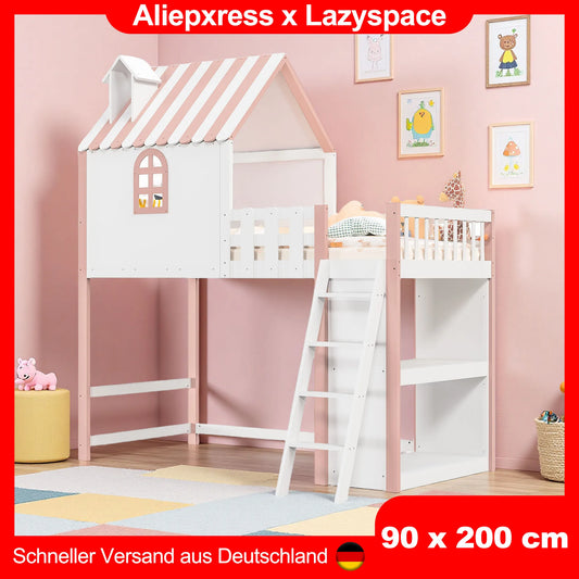 Lazyspace Loft Bed for Children, Children's Bed Frame with with Window and Railing, Wood Bunk Bed Frame with Storage Shelf