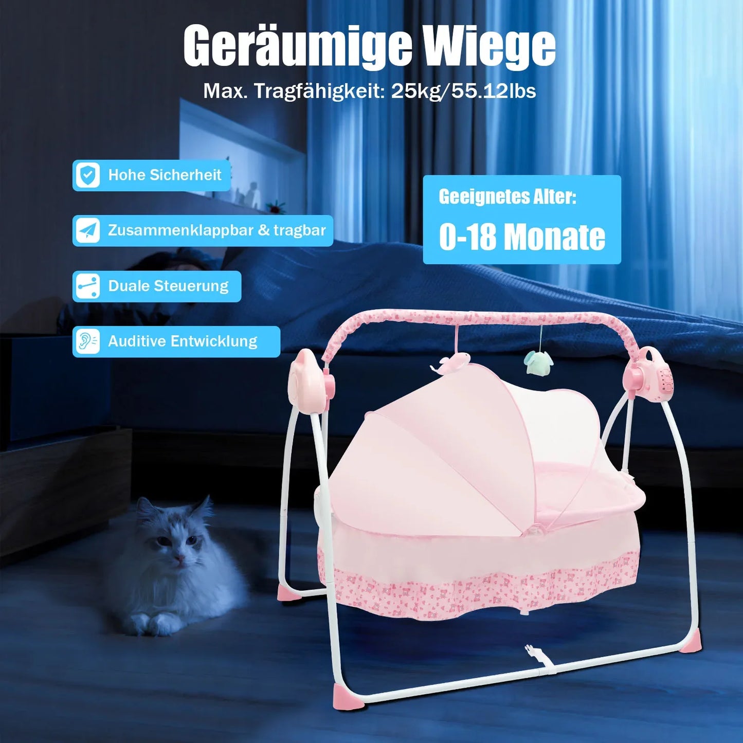 0-18 Months 25kg Electric Baby Crib Cradle Infant Rocker Auto Swing Bed Baby Cradle 5 Gear Speed Adjustment