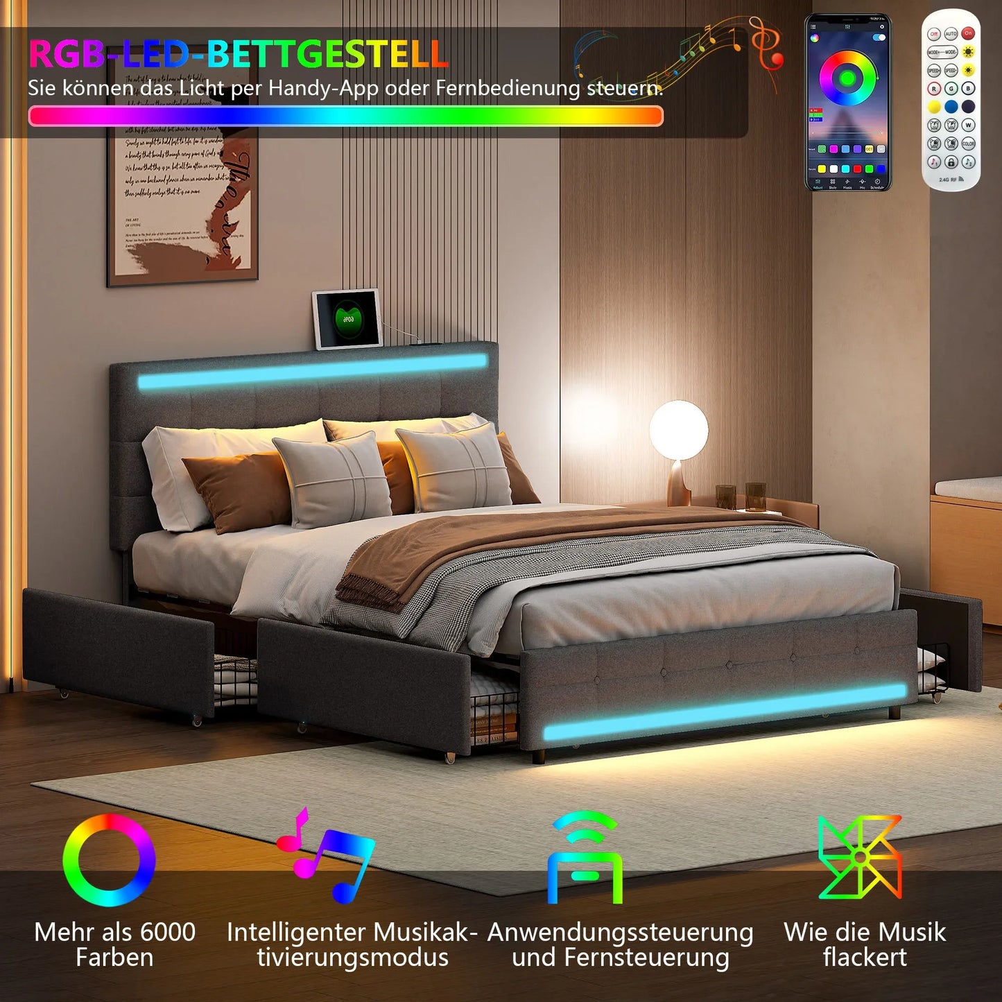 Lazyspace Hemp Upholstered Bed 140x200cm, Single Double Bed Frame with RGB Lights Headboard, USB Port and 4 Storage Drawers