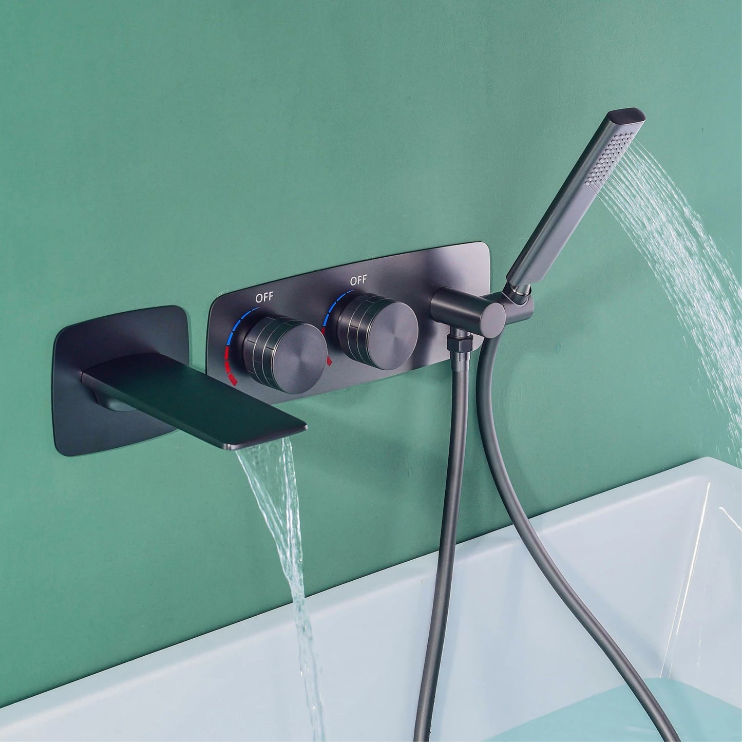 Luxury gun gray brass bathroom faucet wall-mounted design two-handle double-control waterfall bathtub cold & hot control Tap