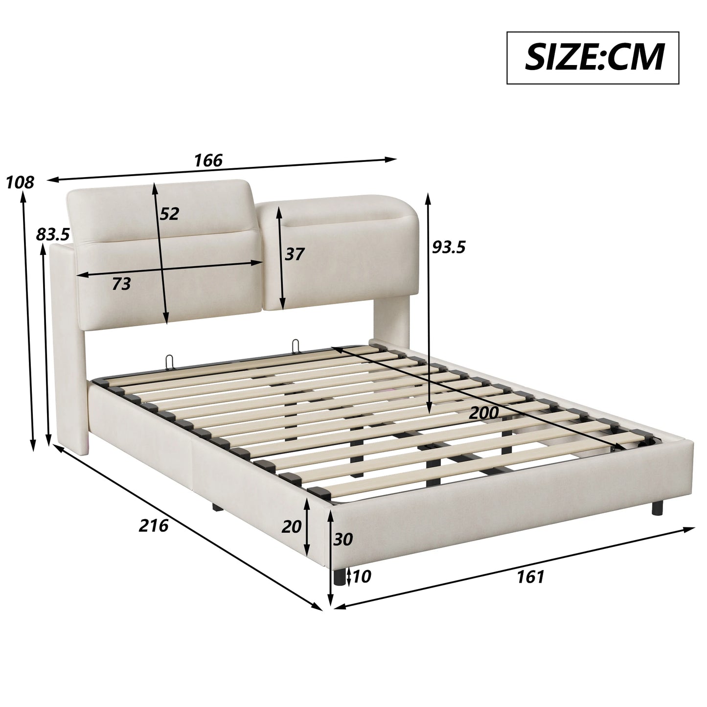 Creahappy - Soft-padded Double Bed - With Foldable, Adjustable Headboard - 160x200cm Double Bed - Under-bed LED Strip Light