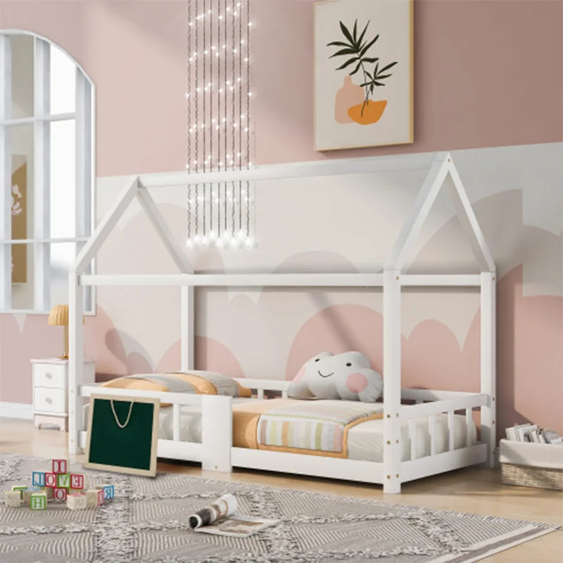 Children bed house bed 90x200 cm Wooden bed for CHILDREN'S room incl. table slatted frames crash protection, Pine White (without Matra