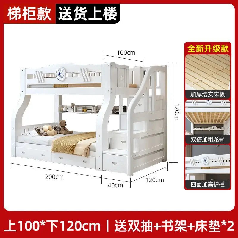 White bunk bed, solid wood , children's , second floor, siblings, upper and lower , letter small apartment, high an