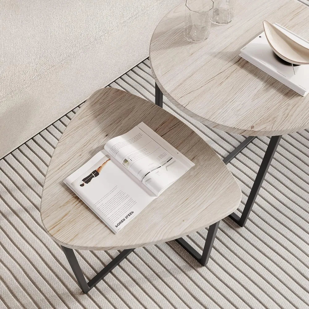 2 Piece Round Coffee Table Set, Side Table Set, Coffee Table, Metal Base and Heart Shape, Modern