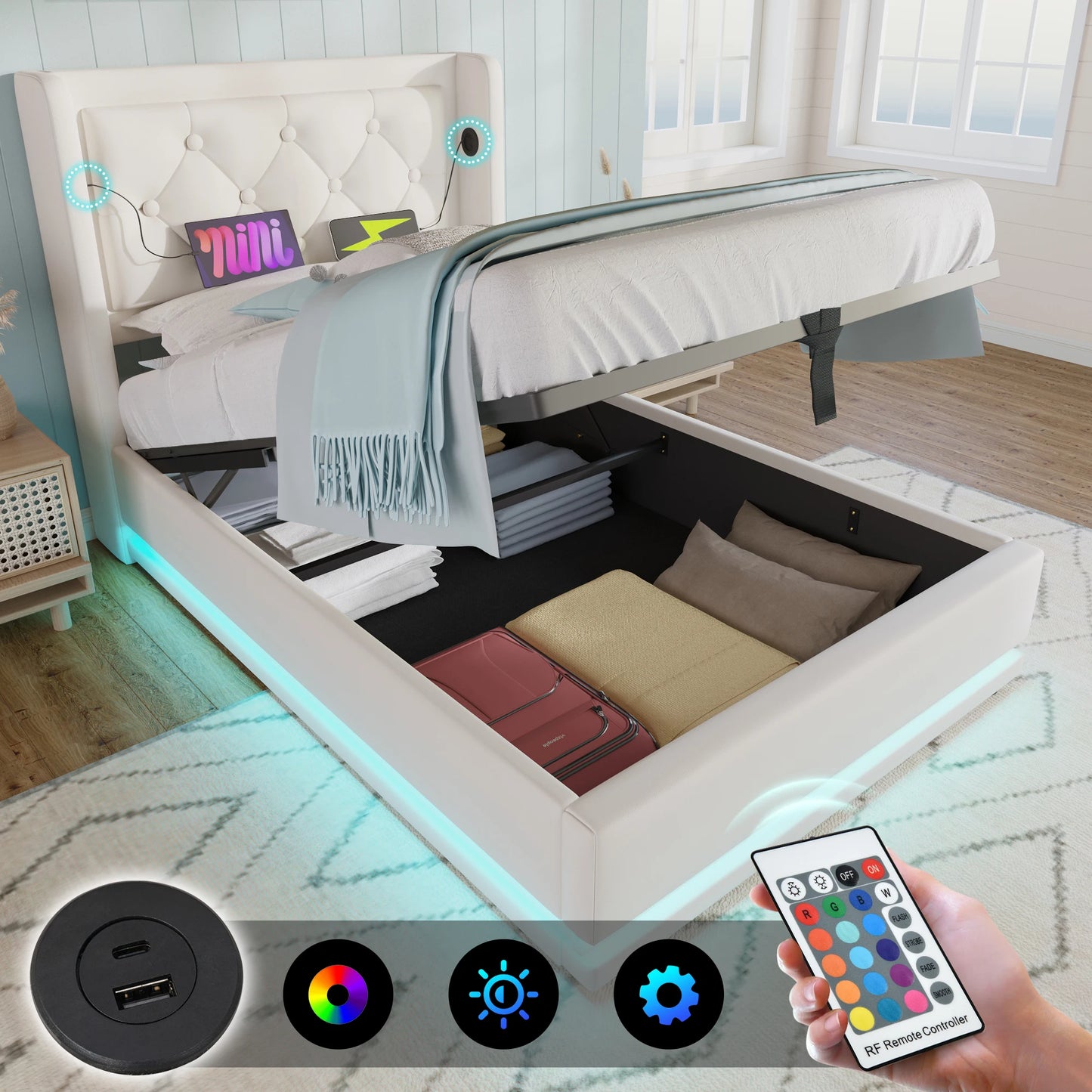 Merax Upholstery bed 90x200 Single Bed USB C Headboard 3 Sided Hydraulic Bed Storage White PU