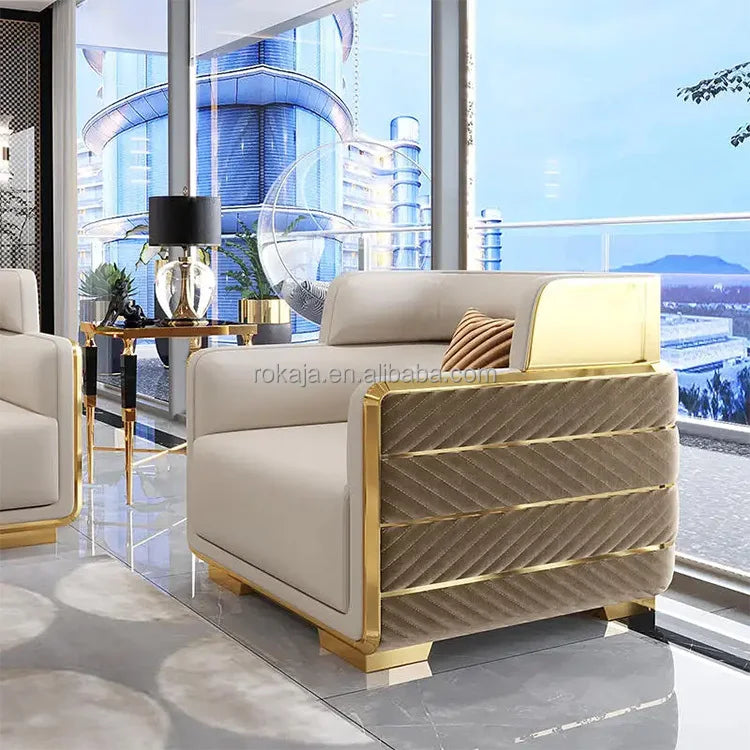 High-end combination sofa set Luxury gold stainless steel back Modern fabric Chesterfield 1 2 3 4-seat sofa Villa leisure