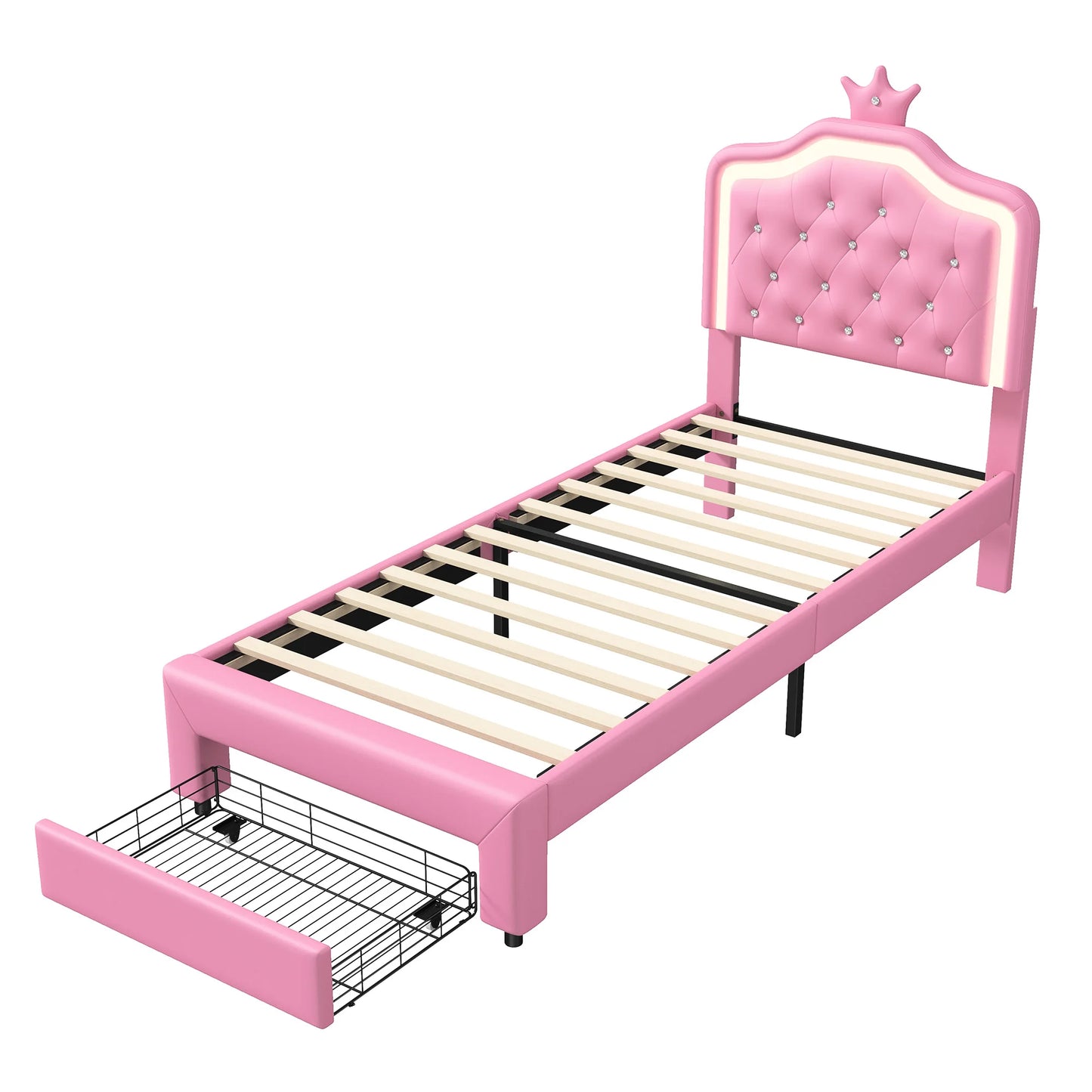 Anajqaqia 90×200 cm Children's Bed Single Bed, Crown Princess Storage Bed with Drawers and LED Headboard and Slatted Frame, PU