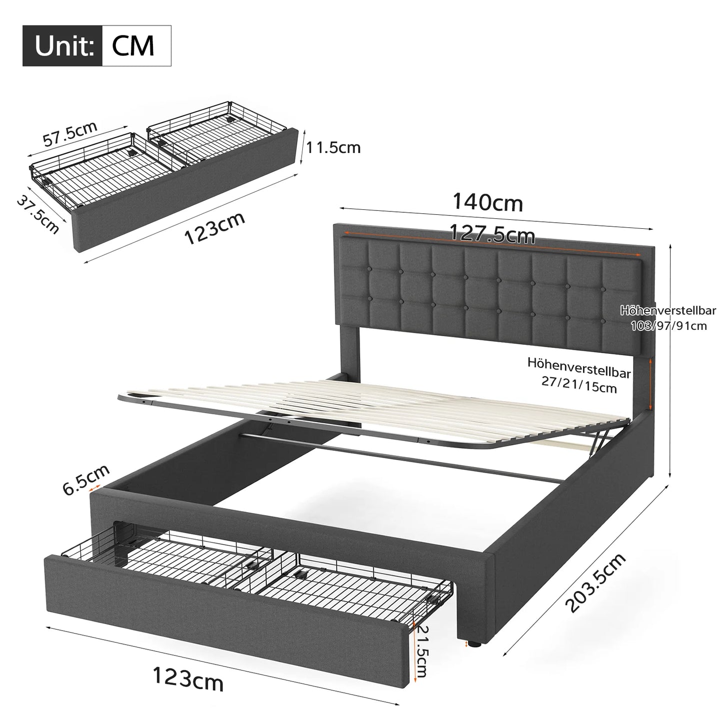 Lift Storage Bed , Double Bed Frame, Upholstered Bed Frame with Gas Lift Large Storage, for Bedroom Furniture, Without Mattres