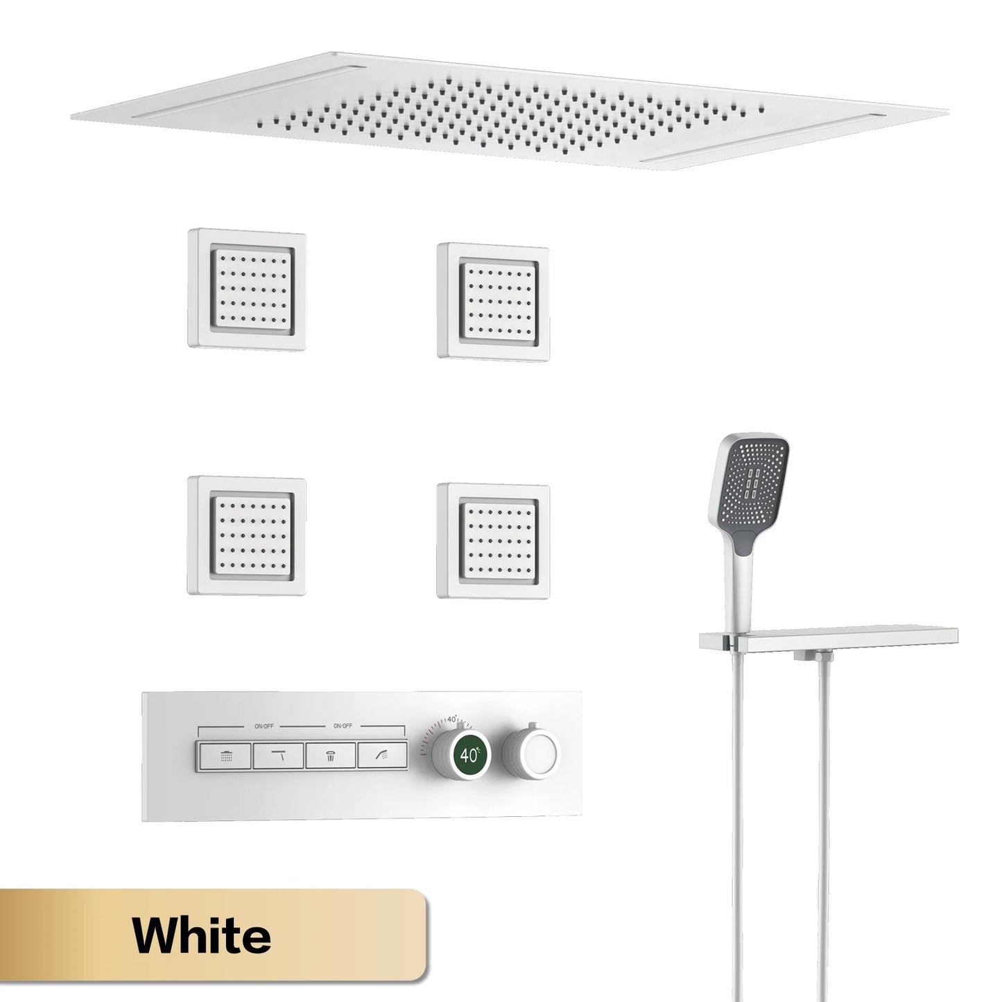 Luxury Gun Grey Brass Thermostatic Shower System Ceiling-Embedded Rainfall&Waterfall Outlet with LED Display Bathroom Mixer Tap