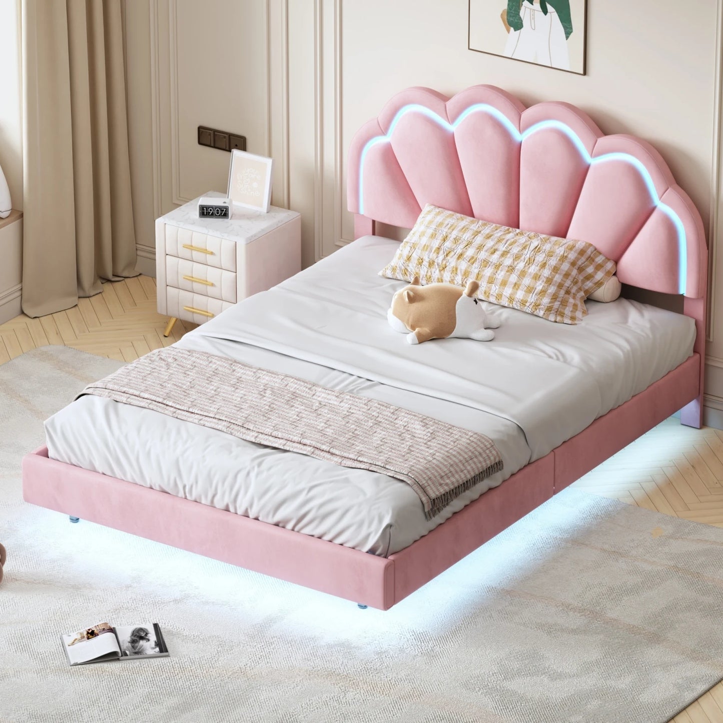 Comanlai Children's Bed 140x200cm with Flower Shape Headboard,Upholstered Bed with LED Lights,Double Bed,Velvet