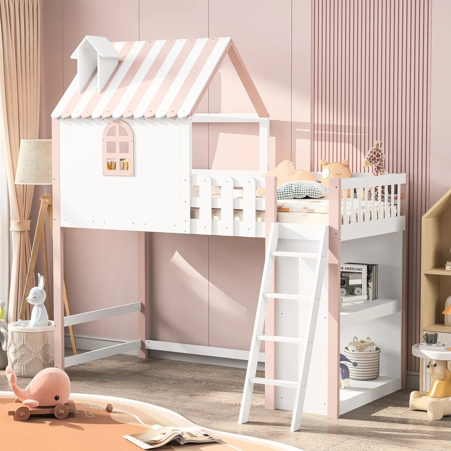 Lazyspace Loft Bed for Children, Children's Bed Frame with with Window and Railing, Wood Bunk Bed Frame with Storage Shelf