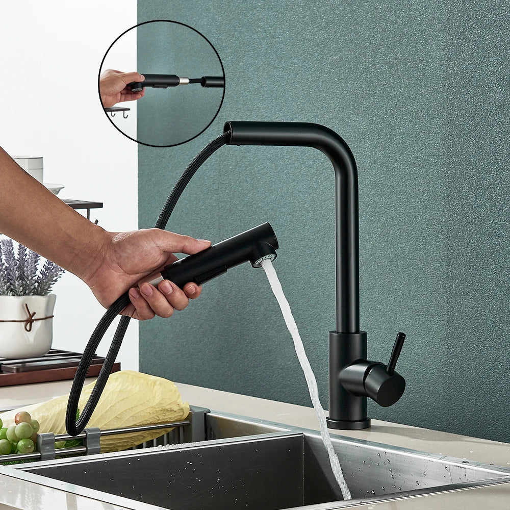 Free Shipping Black Pull Out Kitchen Sink Faucet Two Model Stream Sprayer Nozzle Stainless Steel Hot Cold Wate Mixer Tap Deck