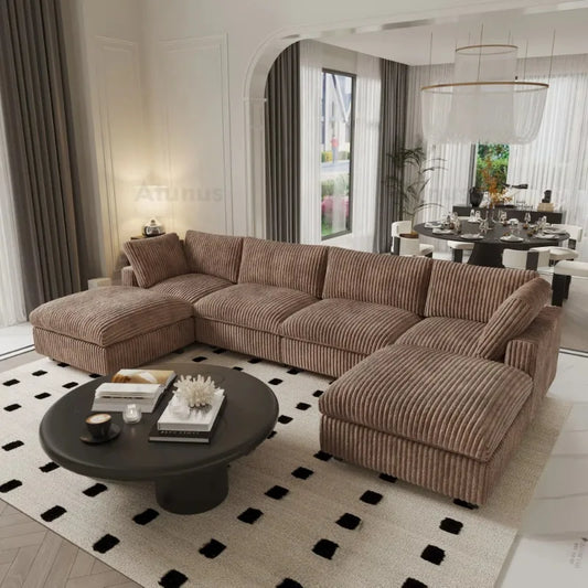 Italian Luxury Vintage Washable L Shaped Modular Sectional Sofa Brown Plush Corduroy Fabric Living Room Couch Set Free Customize