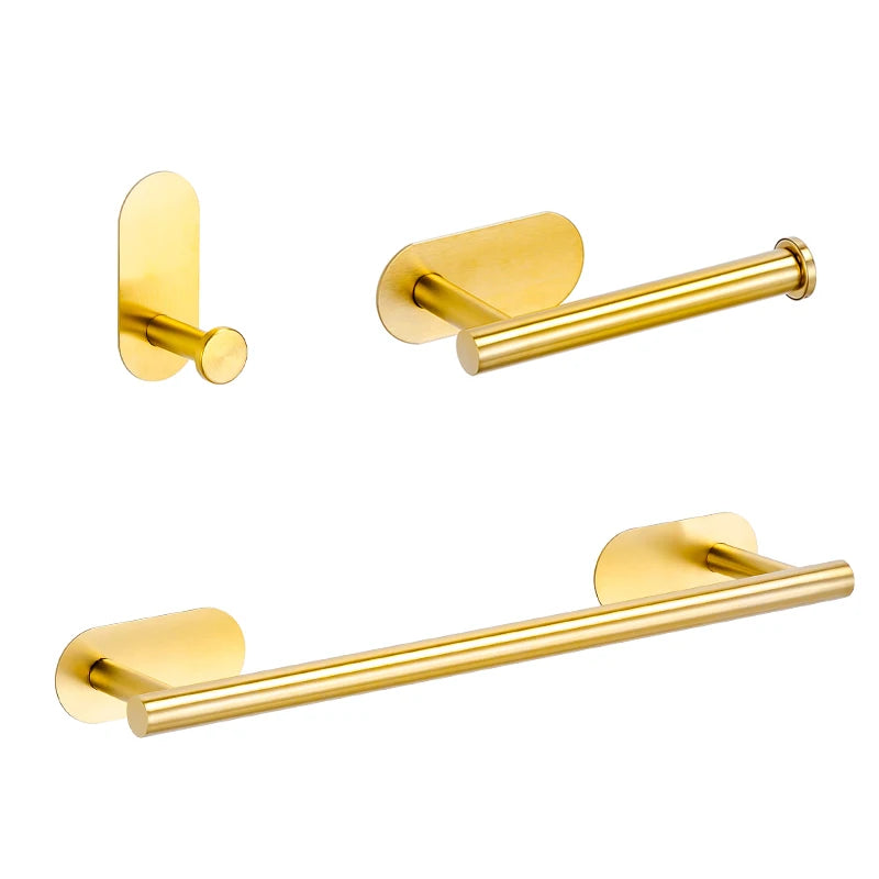 No Drilling Stainless Black Silver Towel Bar Self-adhesive Hook Paper Holder Towel Ring Brushed Gold Bathroom Accessories Set