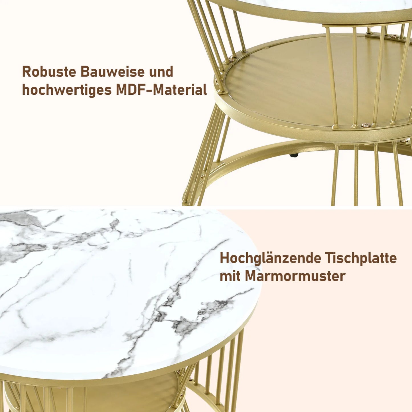 Lazyspace Nesting Coffee Table, Coffee Table Set, Marble Veneer, With Gold Frame, Round End Table, For Living Room, Sofa Side