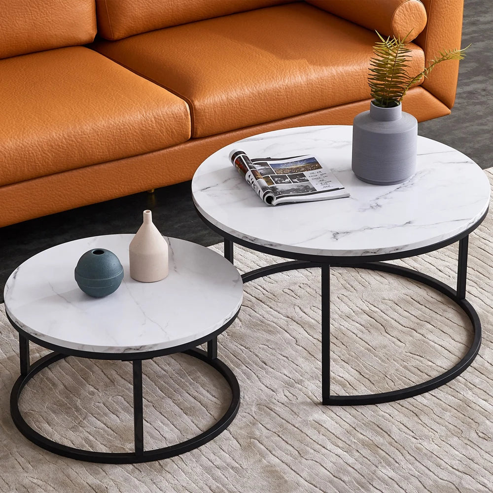 Coffee Table, Round coffee Table Set of 2, Marble Look Coffee Table with Metal Leg Frame, Sofa-side Table, Embedded Coffee Table