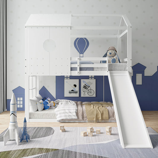 Lazyspace Children's Bunk Bed, with Slide, White Bunk Bed with Roof, with Full Protection and Slatted Frames, 90 x 200cm
