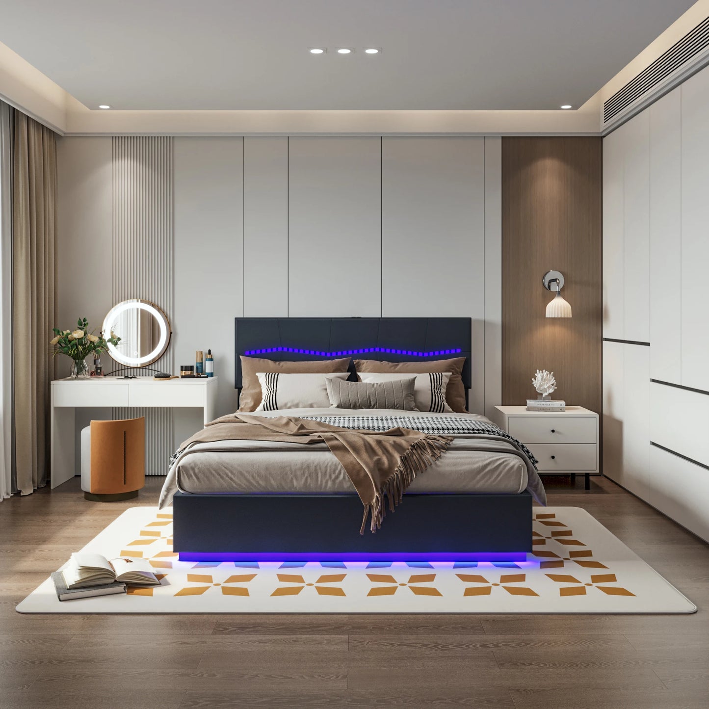 Lazyspace 140x200cm Black Upholstered Bed,PU Double Bed with Storage Space,LED Lighting and USB Charging Port,Without Mattress