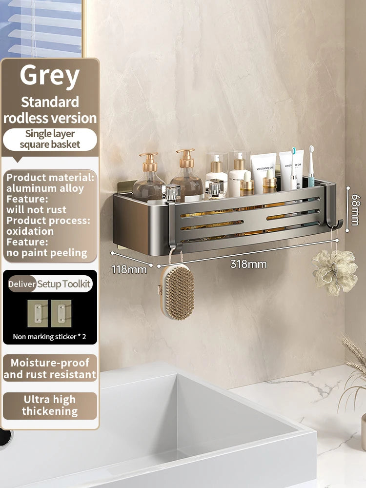 No-Drill Adhesive Style Aluminum Bathroom Shelf Shelves Shampoo Makeup Storage Holder Kitchen Organizer Wall Mounted Rack Access