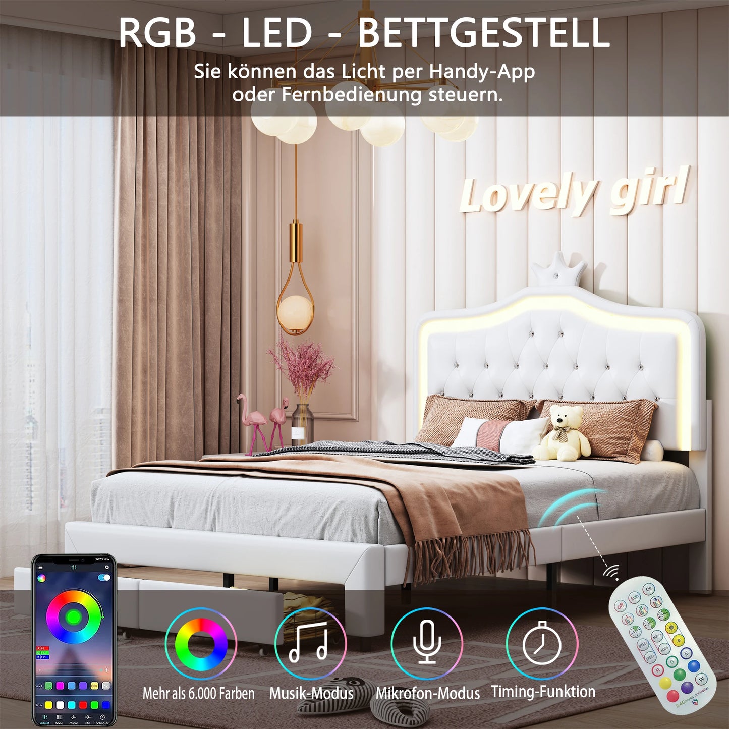 Children's bed, double bed 140x200 cm, crown-shaped princess bed, PU leather, adjustable LED ambient light strip - white