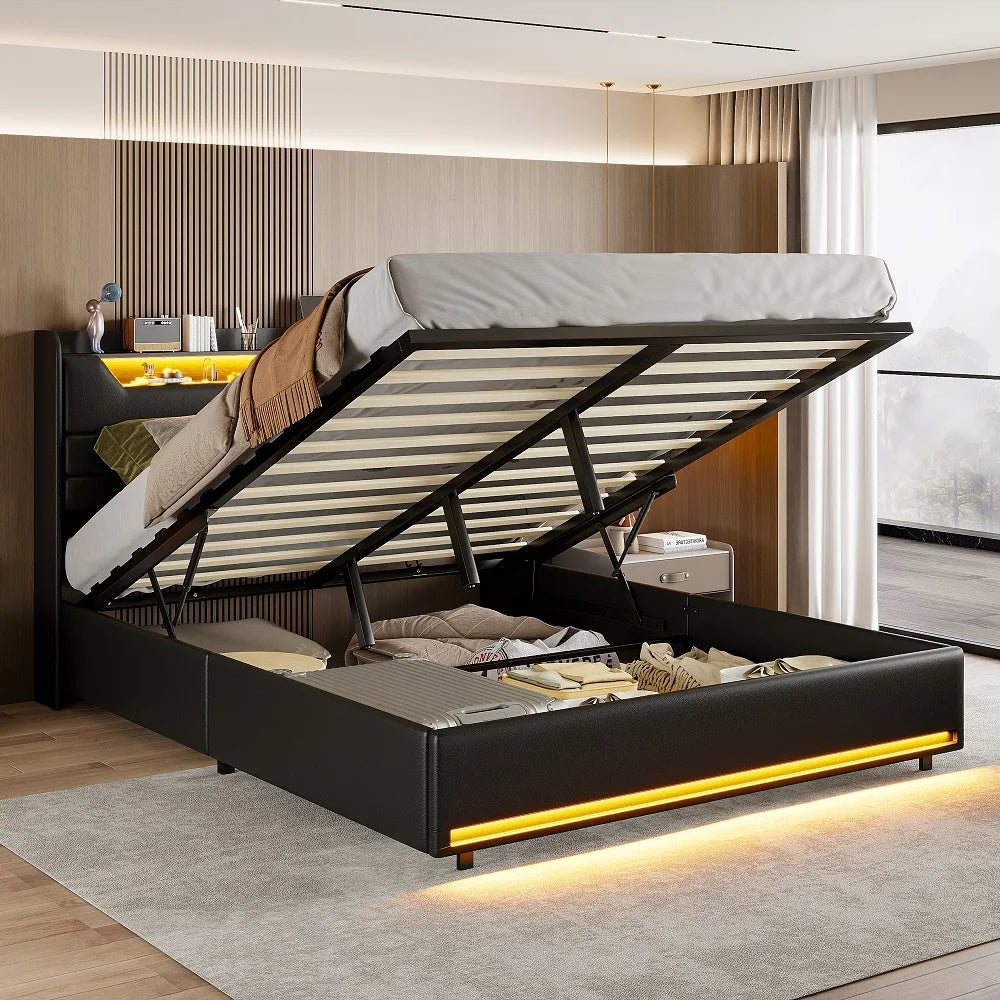 Lazyspace Black PU Storage Bed,Headboard with LED Bed Frame,Pressure Rod Upholstered Bed with Storage Space,Bedroom Furniture