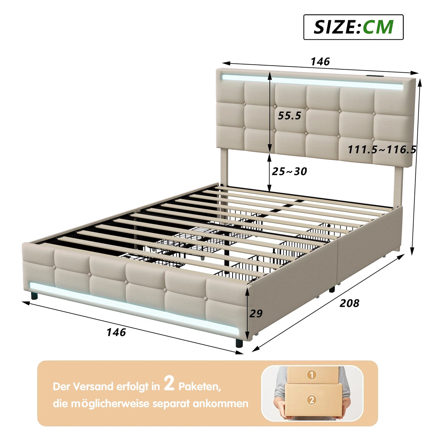 Lazyspace Hemp Upholstered Bed 140x200cm, Single Double Bed Frame with RGB Lights Headboard, USB Port and 4 Storage Drawers