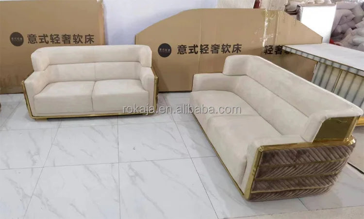 High-end combination sofa set Luxury gold stainless steel back Modern fabric Chesterfield 1 2 3 4-seat sofa Villa leisure