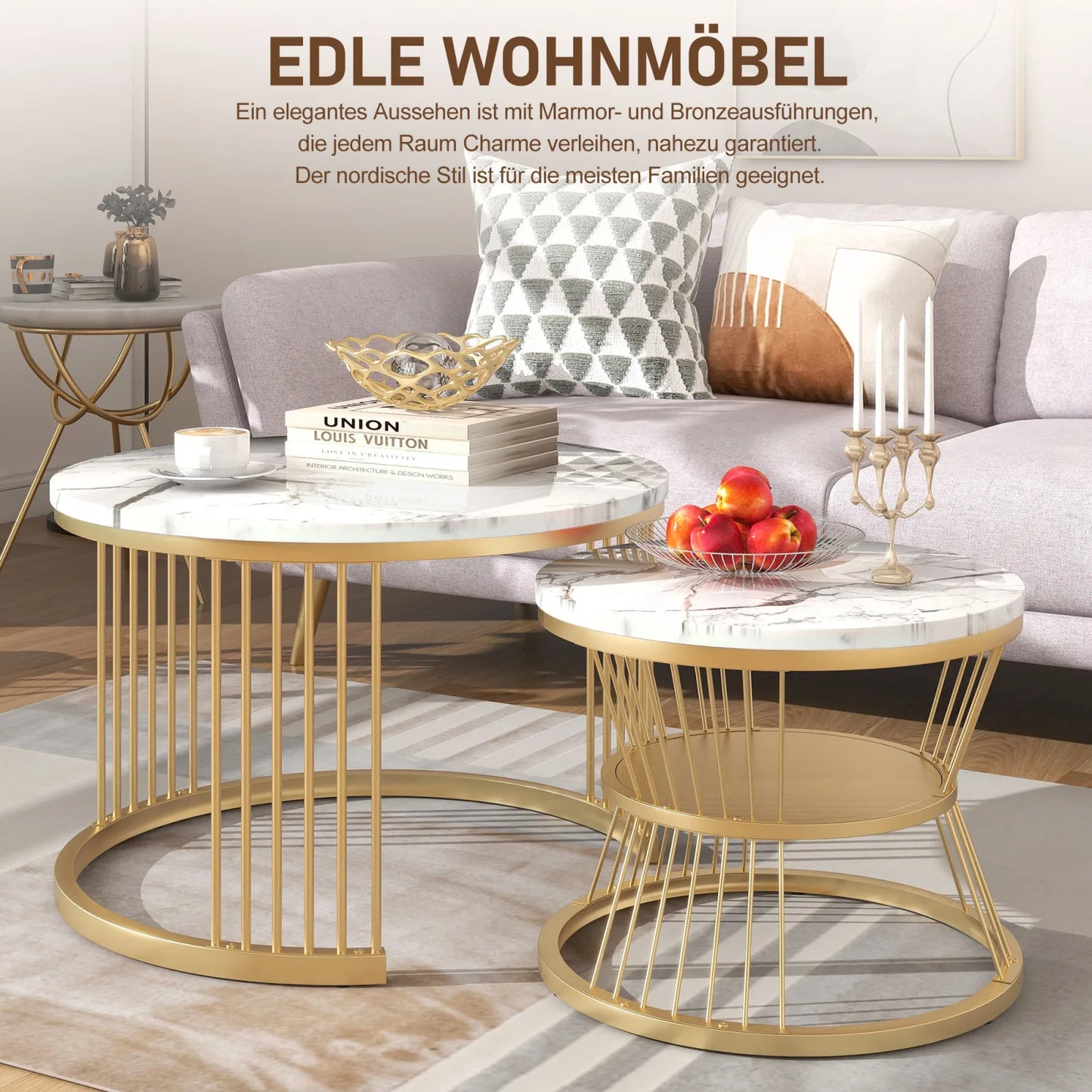 Lazyspace Nesting Coffee Table, Coffee Table Set, Marble Veneer, With Gold Frame, Round End Table, For Living Room, Sofa Side