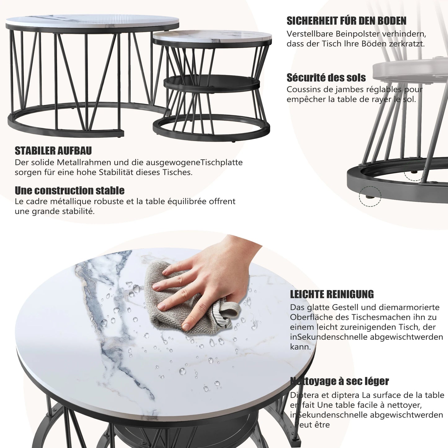 Coffee Table, Round coffee Table Set of 2, Marble Look Coffee Table with Metal Leg Frame, Sofa-side Table, Embedded Coffee Table