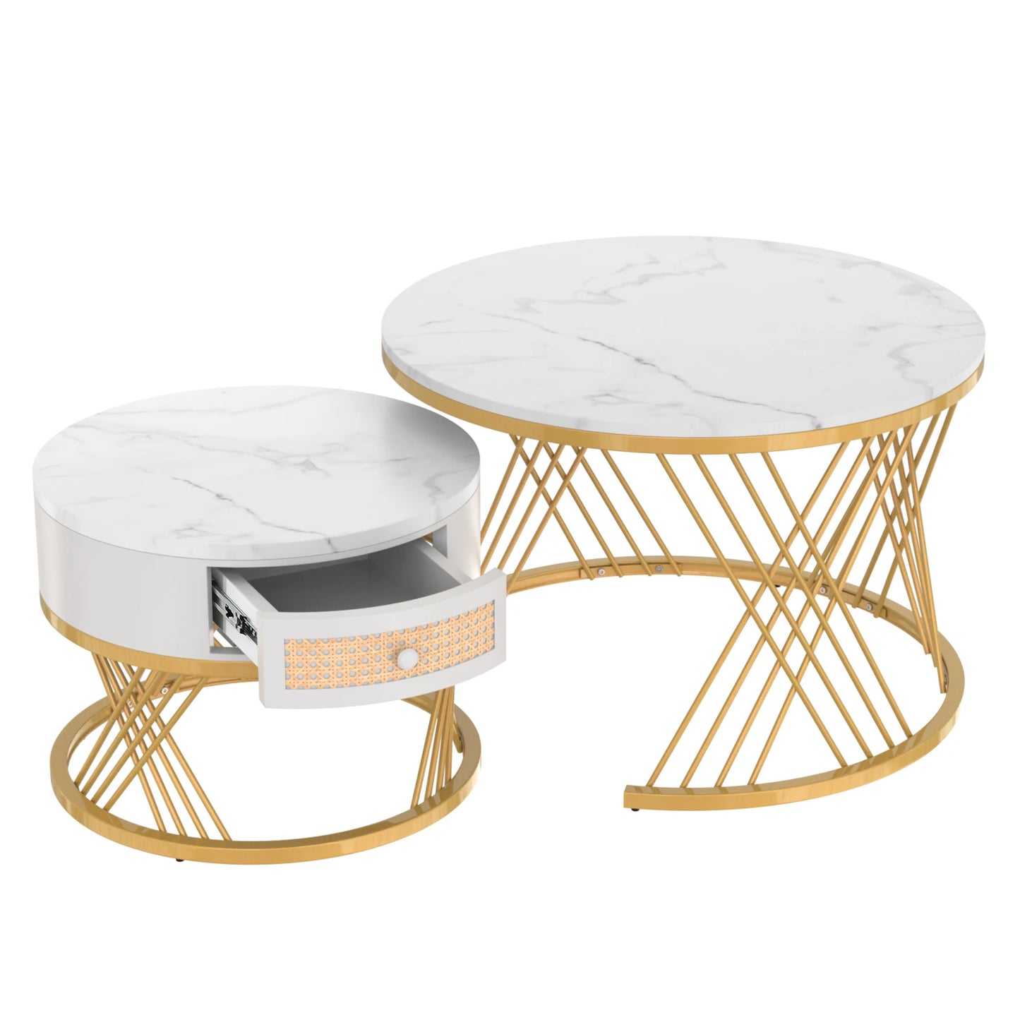 Comanlai 2-in-1 Round MDF Coffee Table,Side Table with Drawers,Wood Handles and Golden Iron Feet 70x70x45.5cm+ 50x50x38.5cm