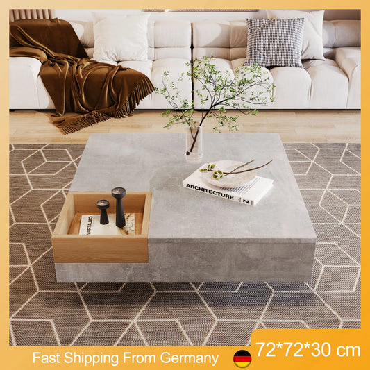 Concrete Gray Coffee Table, Wooden Tea Table for Living Room, Side Table with Removable Storage Tray, 72*72*30 cm