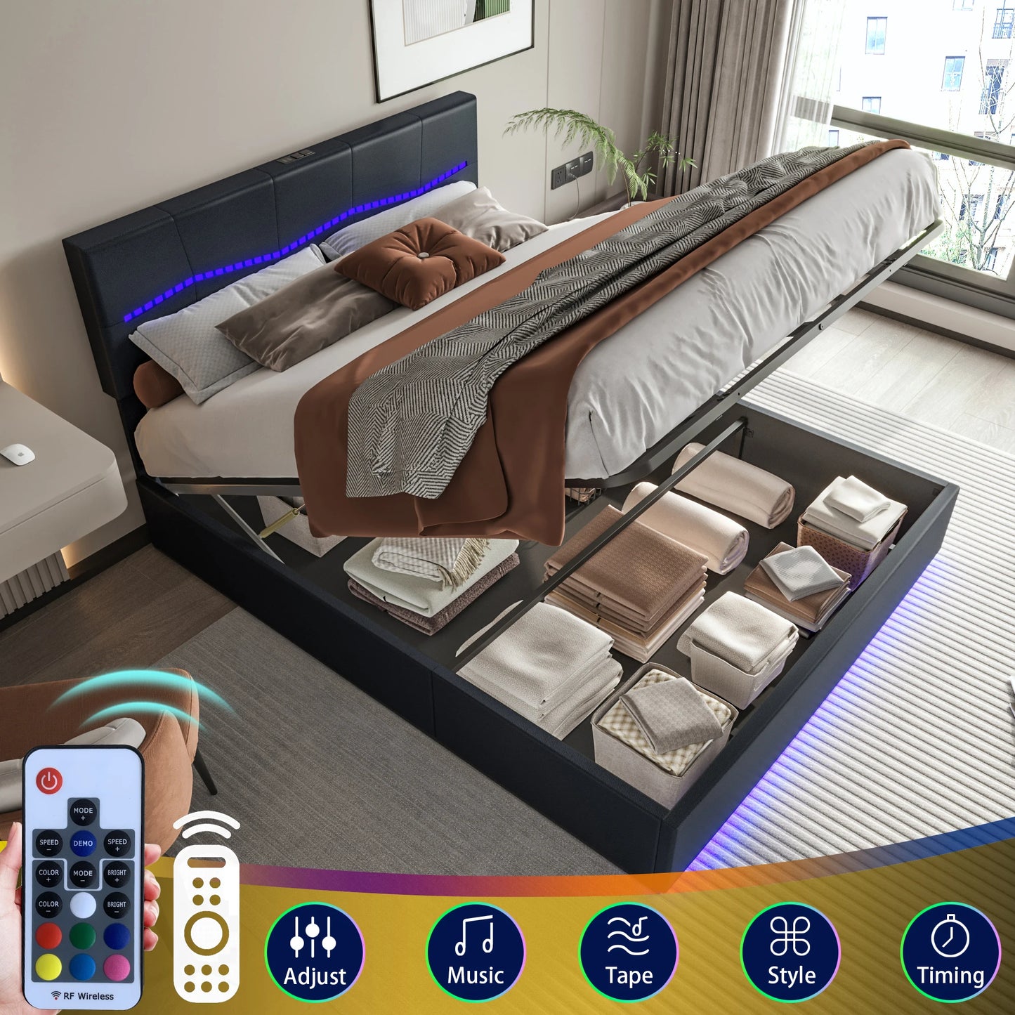 Lazyspace 140x200cm Black Upholstered Bed,PU Double Bed with Storage Space,LED Lighting and USB Charging Port,Without Mattress