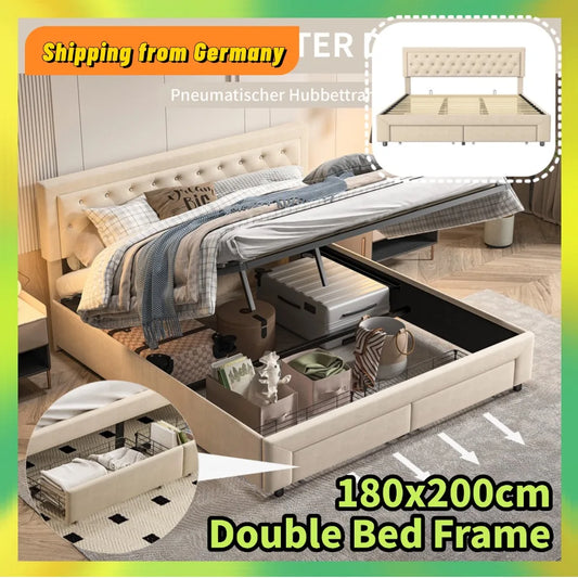 Comanlai Upholstered Bed 180x200cm,Double Bed with 2 Drawers,Bed with Storage Space,Hydraulic Storage Bed,Velvet Fabric,Beige