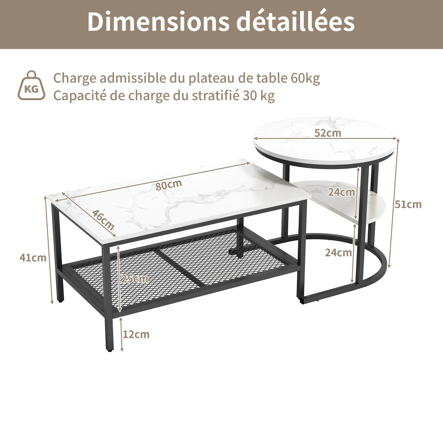 Lazyspace Coffee Table Round White Marble with Gold/Black - Round Living Room Table Set of 2 for Living Room - Diameter 80x52cm