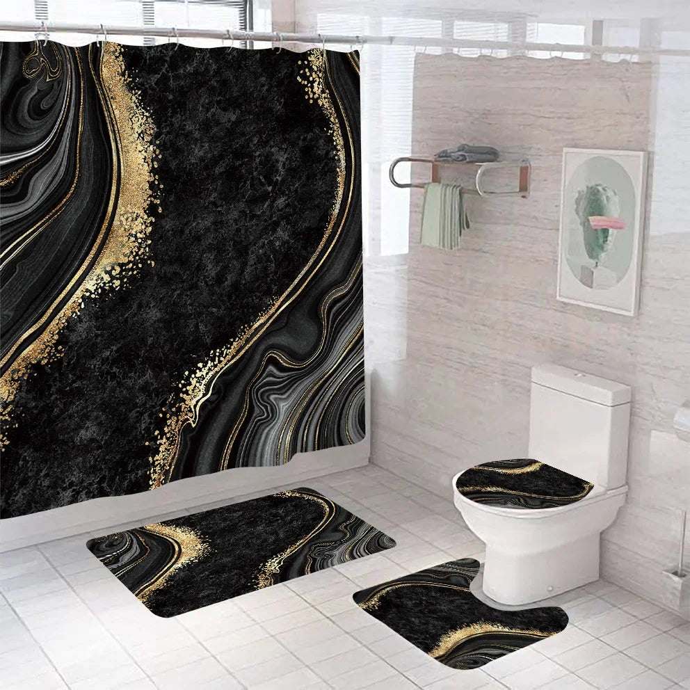 Marble Shower Curtain Sets Modern White Gold Bath Curtains 3D Luxury Toilet Cover Polyester Fabric Bathroom Accessories Sets