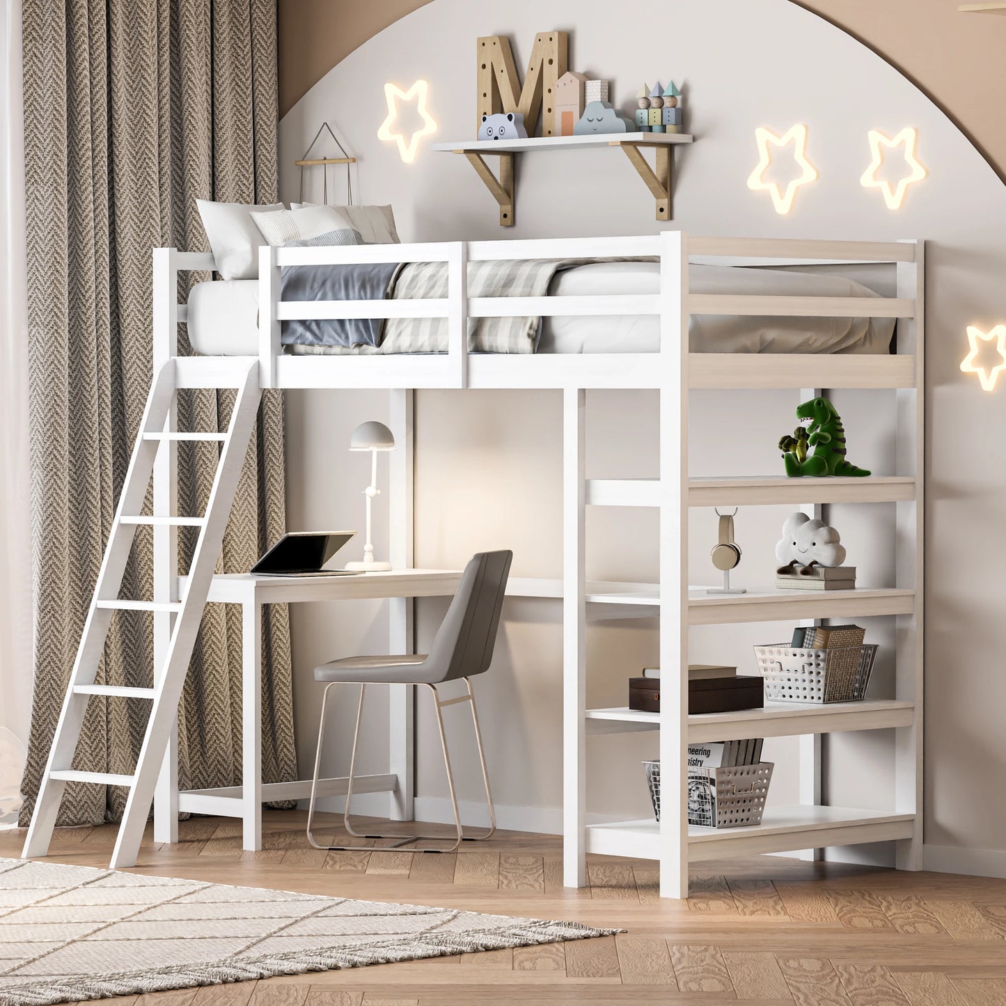 Children's Bed, Bunk Bed Frame with 4 Shelves Storage Space, Bunk Bed 140 x 200 cm with Desk Top