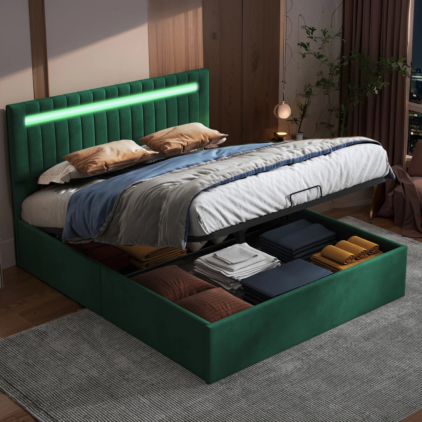 Lazyspace Green Vertical-Striped Upholstered Beds, 2 Level Adjustable Headboard Pneumatic Bed, RGB Bedhead Light Storage Bed