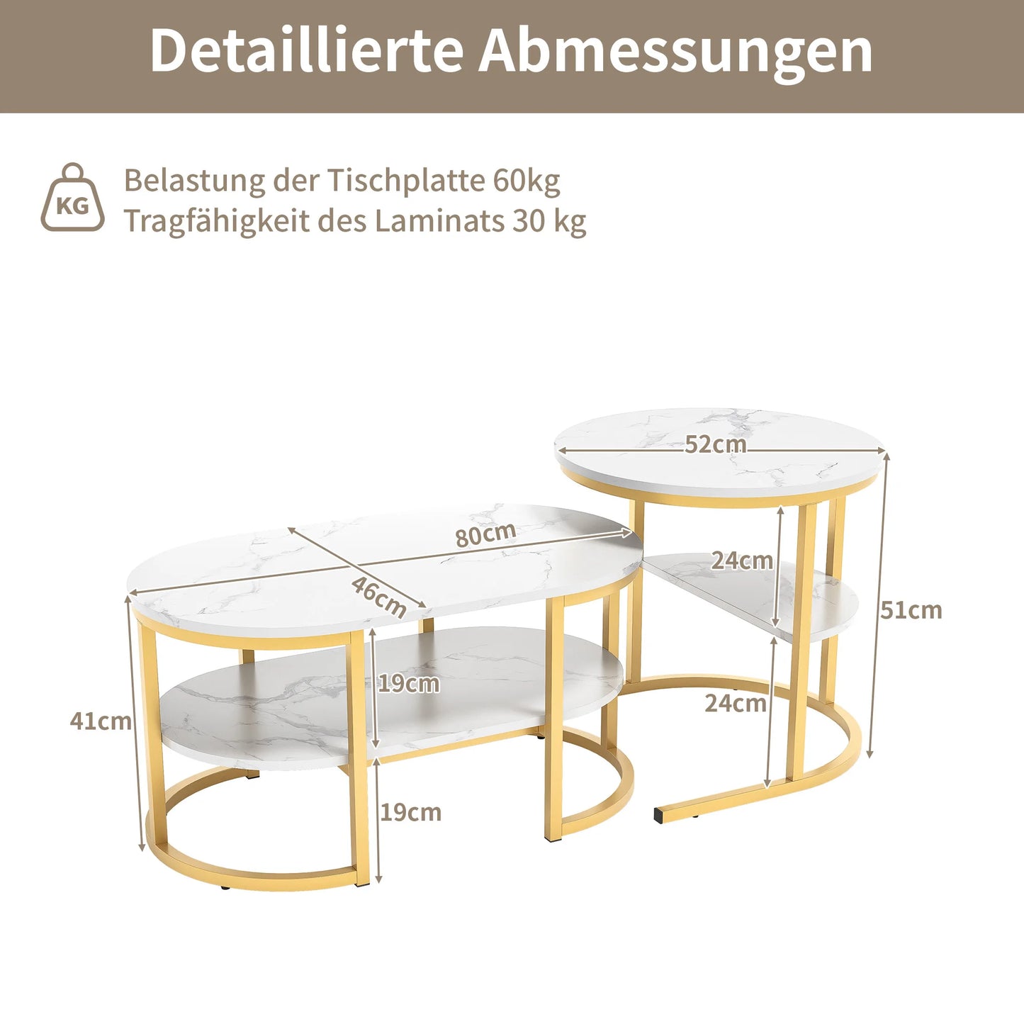 Lazyspace Coffee Table Round White Marble with Gold/Black - Round Living Room Table Set of 2 for Living Room - Diameter 80x52cm
