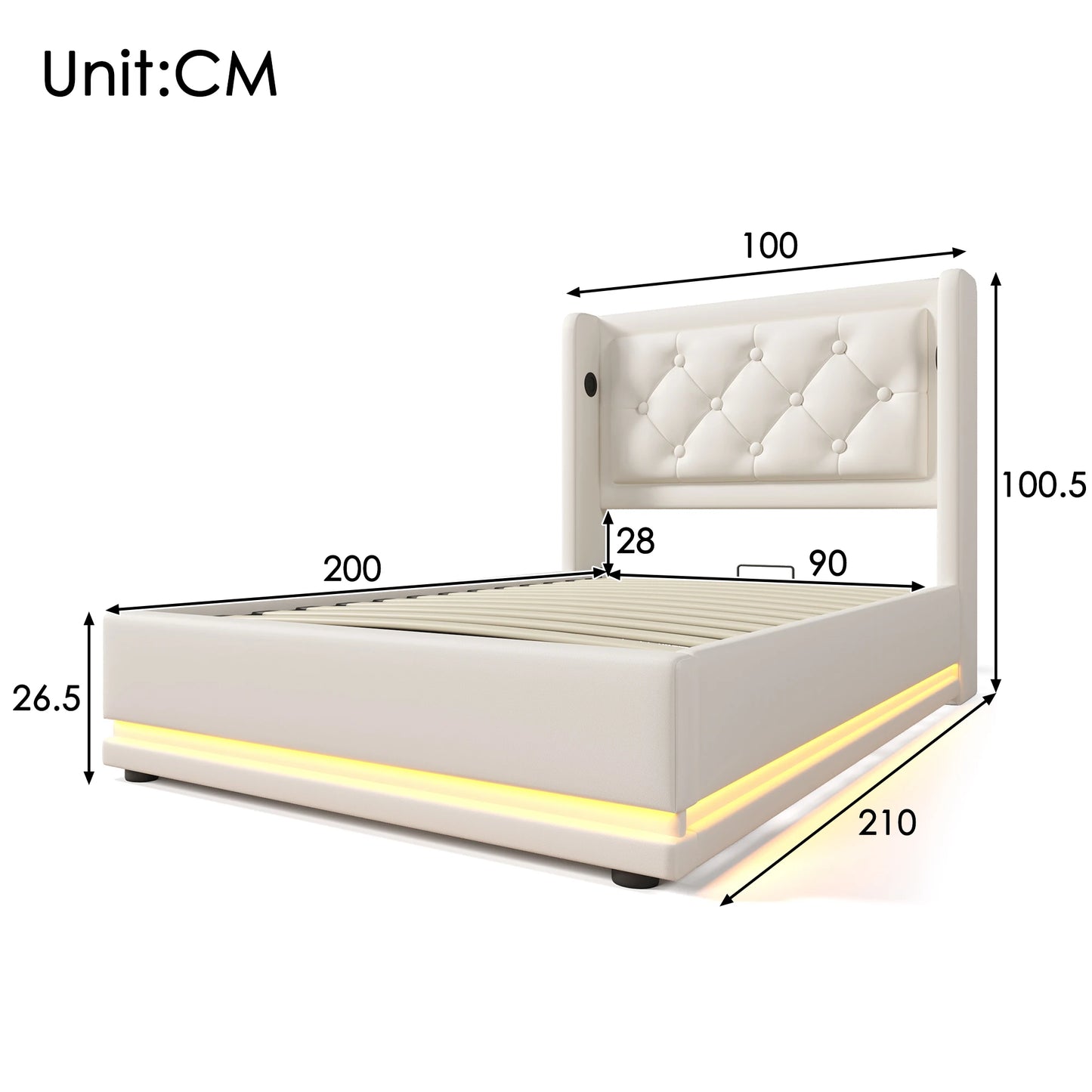 Merax Upholstery bed 90x200 Single Bed USB C Headboard 3 Sided Hydraulic Bed Storage White PU