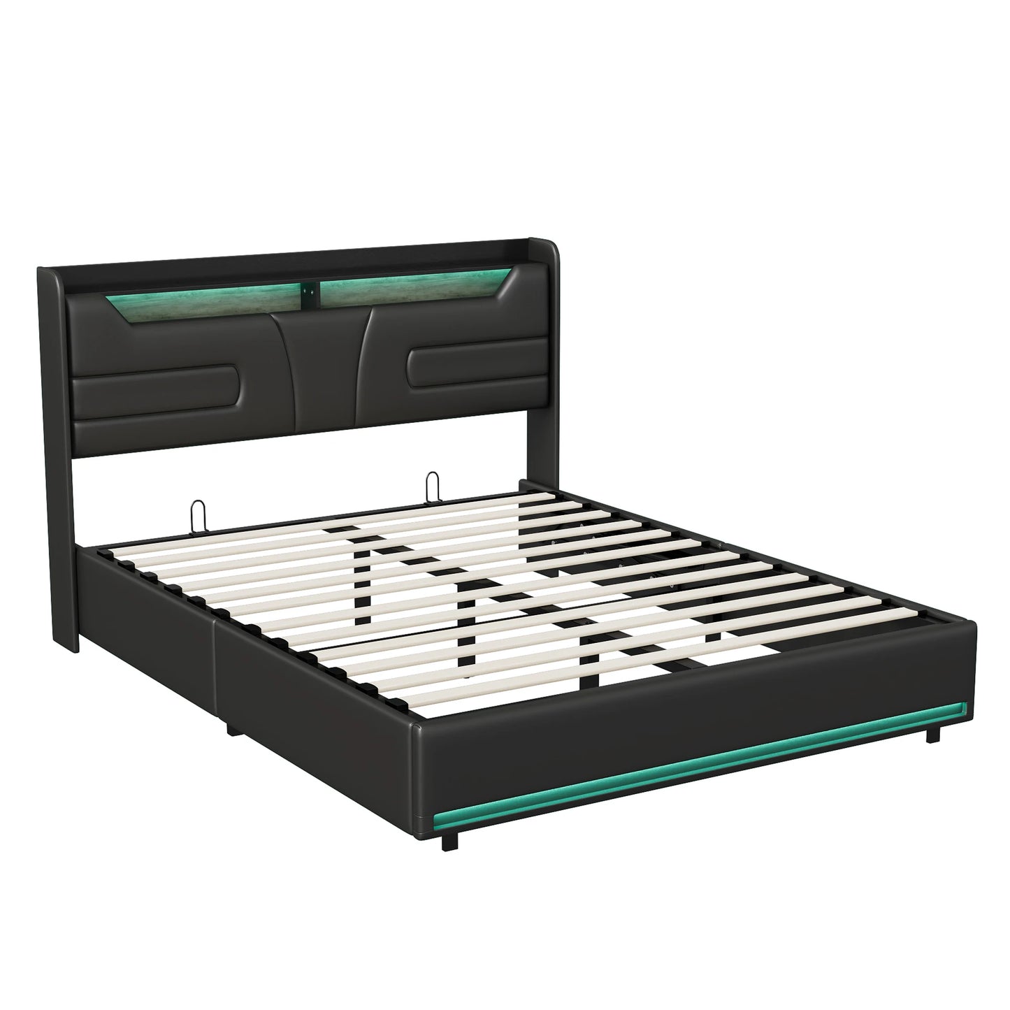 Lazyspace Black PU Storage Bed,Headboard with LED Bed Frame,Pressure Rod Upholstered Bed with Storage Space,Bedroom Furniture
