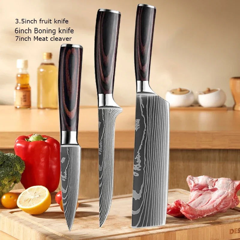 Damascus Chef's Knife Kitchen Knives Set Professional Boning Knife Meat Cleaver Utility Knife Japanese Santoku Knife with Cover