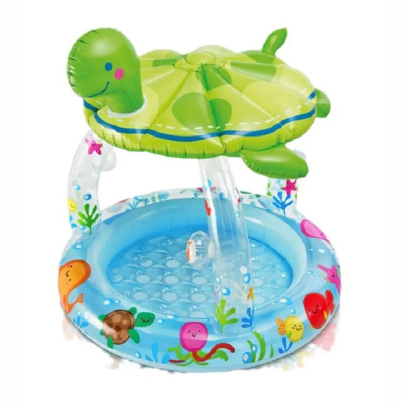 Inflatable Swimming Pool for Baby Kiddie 1-3Y with Turtle Shape Sunshade Canopy Sea Pattern Fun Outdoor Water Play Pool Toy