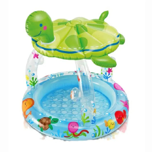 Inflatable Swimming Pool for Baby Kiddie 1-3Y with Turtle Shape Sunshade Canopy Sea Pattern Fun Outdoor Water Play Pool Toy