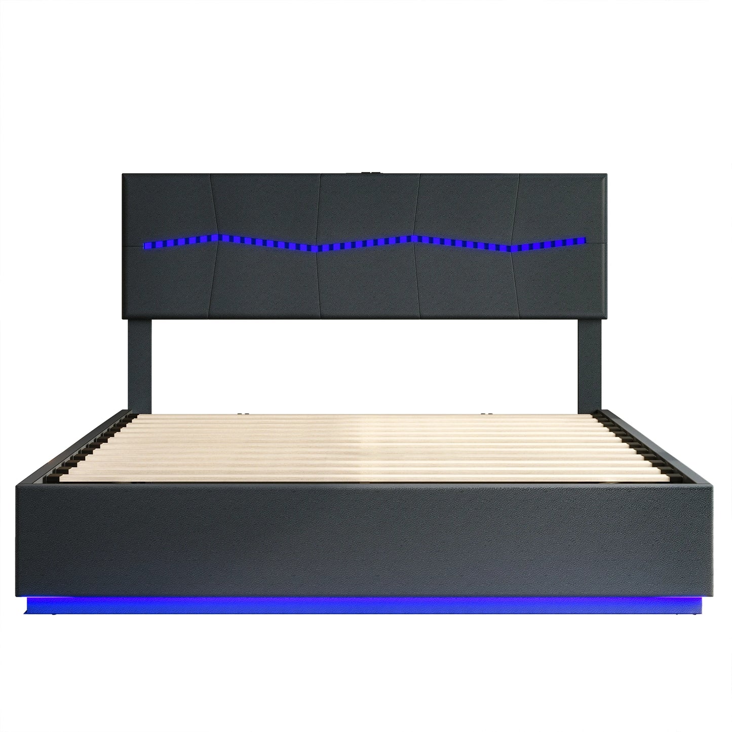 Lazyspace 140x200cm Black Upholstered Bed,PU Double Bed with Storage Space,LED Lighting and USB Charging Port,Without Mattress