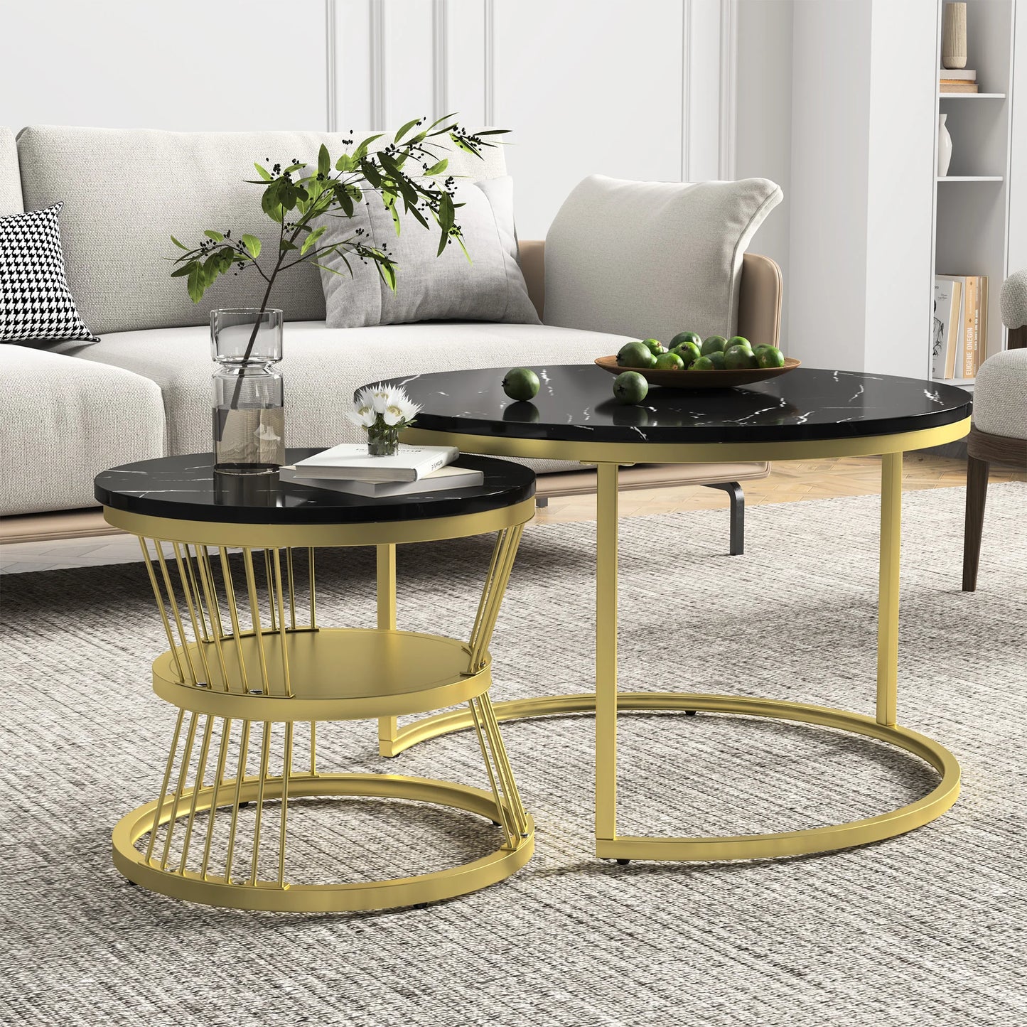 Coffee Table, Round coffee Table Set of 2, Marble Look Coffee Table with Metal Leg Frame, Sofa-side Table, Embedded Coffee Table